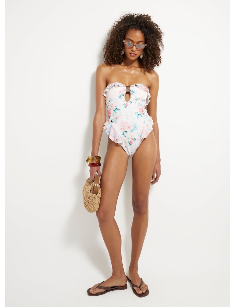 River Island Cream Floral Print Frill Bandeau Swimsuit - Image 2 of 4 River Island Cream Floral Print Frill Bandeau Swimsuit - Image 2 of 4