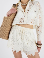 River Island Cream Cutwork Sequin Shorts - Image 1 of 4
