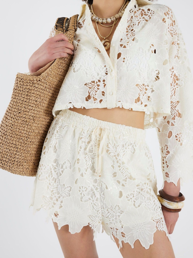 River Island Cream Cutwork Sequin Shorts - Image 1 of 4