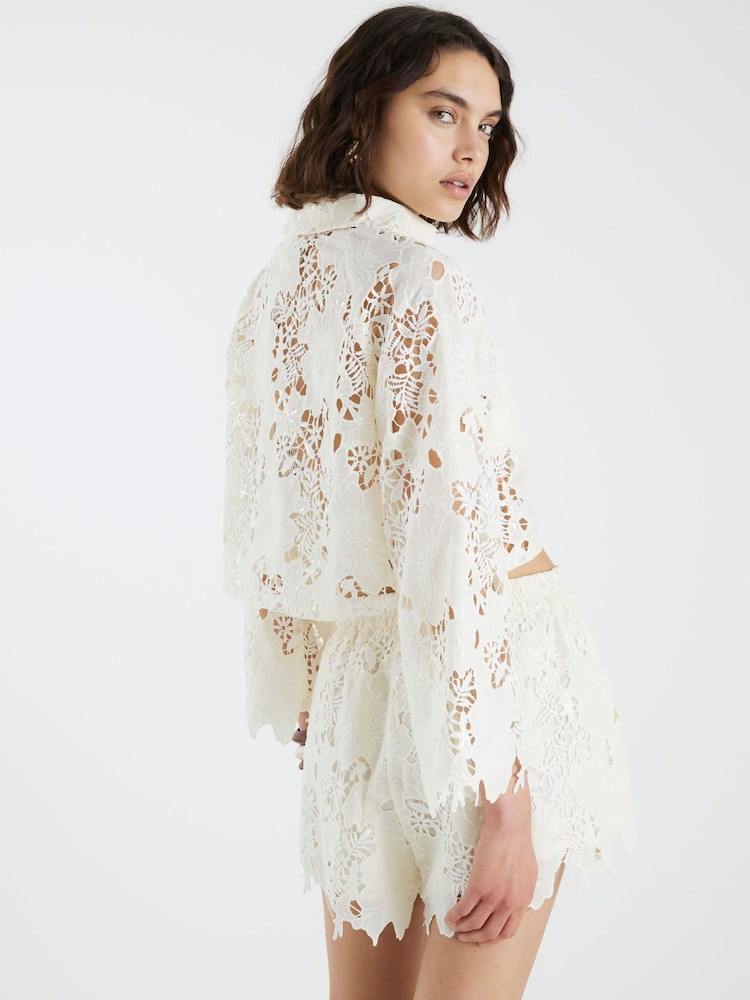 River Island Cream Cutwork Sequin Shorts - Image 2 of 4