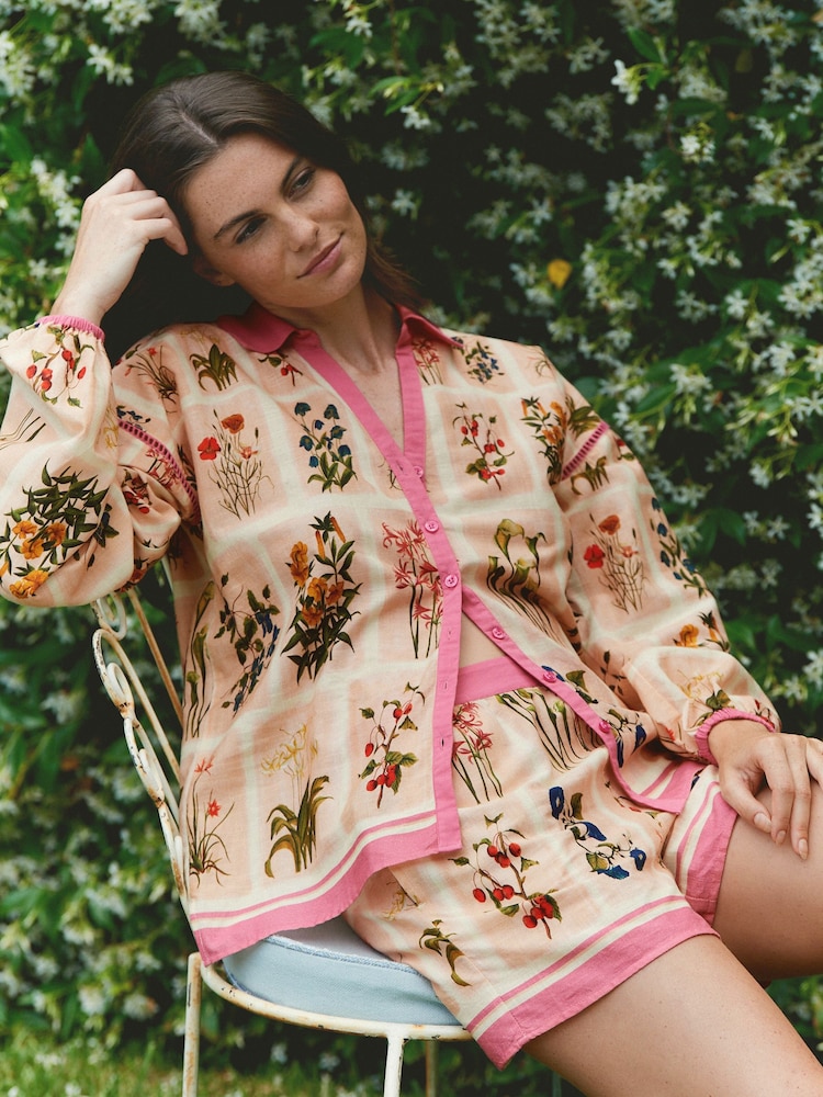 Laura Ashley Coral Pink Pershore Postcards Cotton Loose Beach Co-ord Shirt - Image 1 of 10