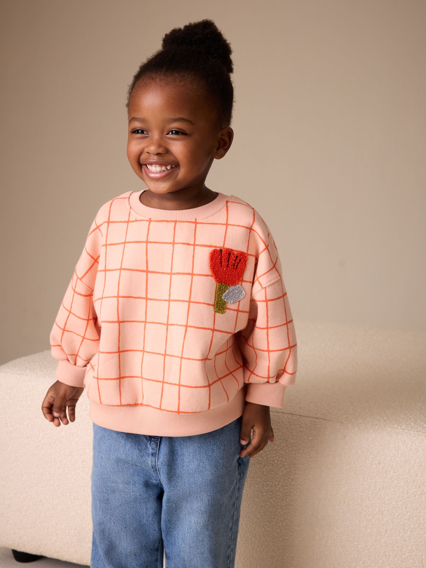 Peach Pink Grid - Crew Neck Sweatshirt (3mths-7yrs)