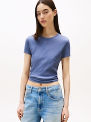 Tommy Jeans Blue Slim Ribbed Round Neck T-Shirt - Image 1 of 5