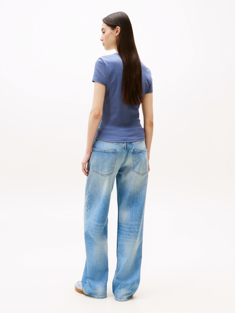 Tommy Jeans Blue Slim Ribbed Round Neck T-Shirt - Image 2 of 5
