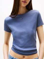 Tommy Jeans Blue Slim Ribbed Round Neck T-Shirt - Image 4 of 5