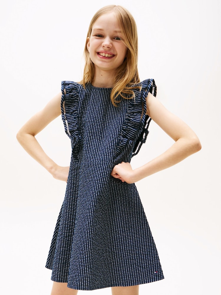Tommy Hilfiger Blue Ruffle Seersucker Fit And Flare Dress - Image 1 of 5
