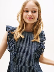 Tommy Hilfiger Blue Ruffle Seersucker Fit And Flare Dress - Image 4 of 5