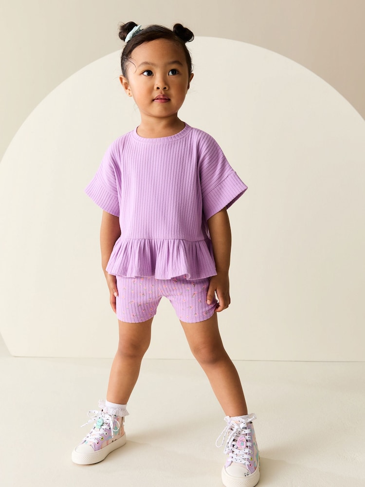 Lilac Purple Short Sleeve Ribbed Top and Shorts Set (3mths-7yrs) - Image 1 of 4 Lilac Purple Short Sleeve Ribbed Top and Shorts Set (3mths-7yrs) - Image 1 of 4