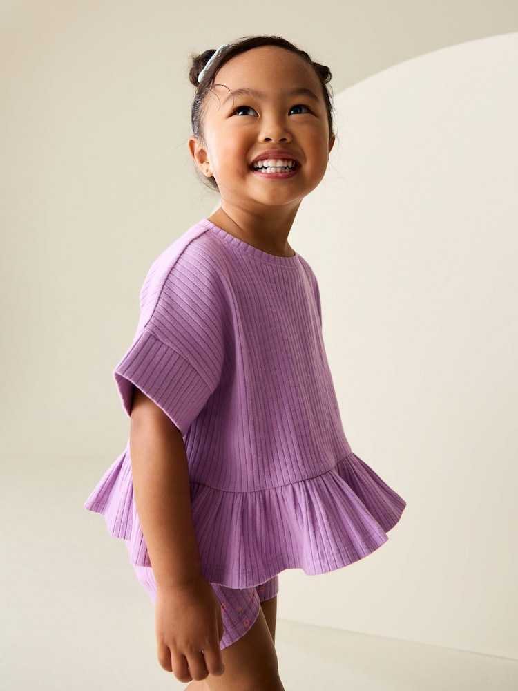Lilac Purple Short Sleeve Ribbed Top and Shorts Set (3mths-7yrs) - Image 2 of 4 Lilac Purple Short Sleeve Ribbed Top and Shorts Set (3mths-7yrs) - Image 2 of 4