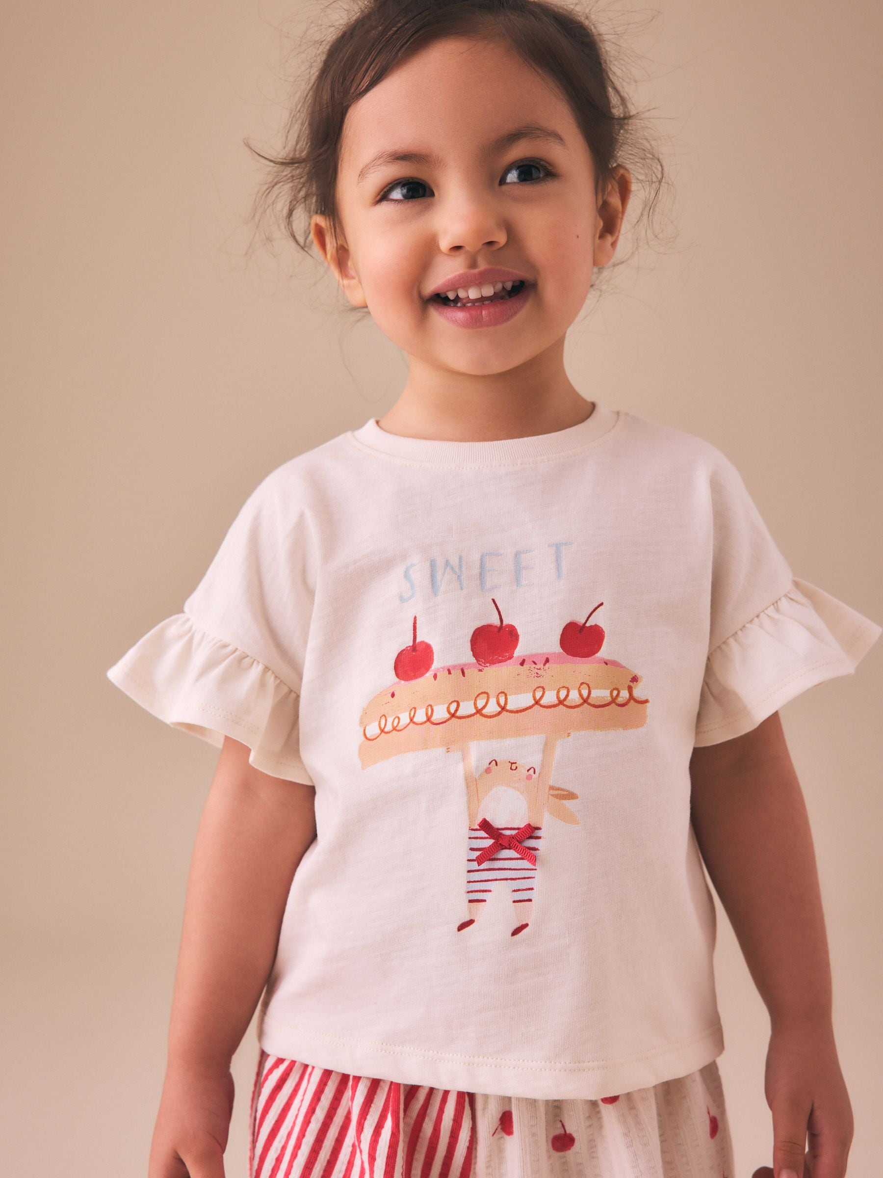Buy Ecru White Bunny Cherry Short Sleeve T-Shirt and Shorts Set