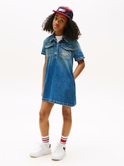 Tommy Hilfiger Blue Logo Embroidery Short Sleeve Denim Dress - Image 1 of 5