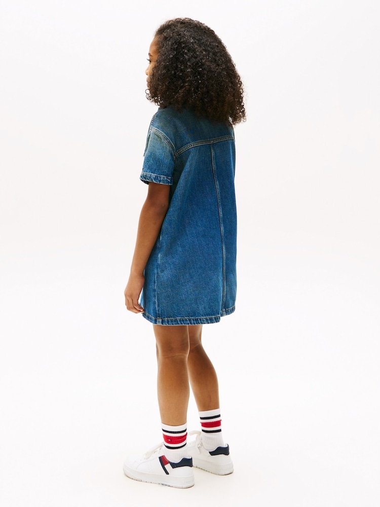 Tommy Hilfiger Blue Logo Embroidery Short Sleeve Denim Dress - Image 2 of 5