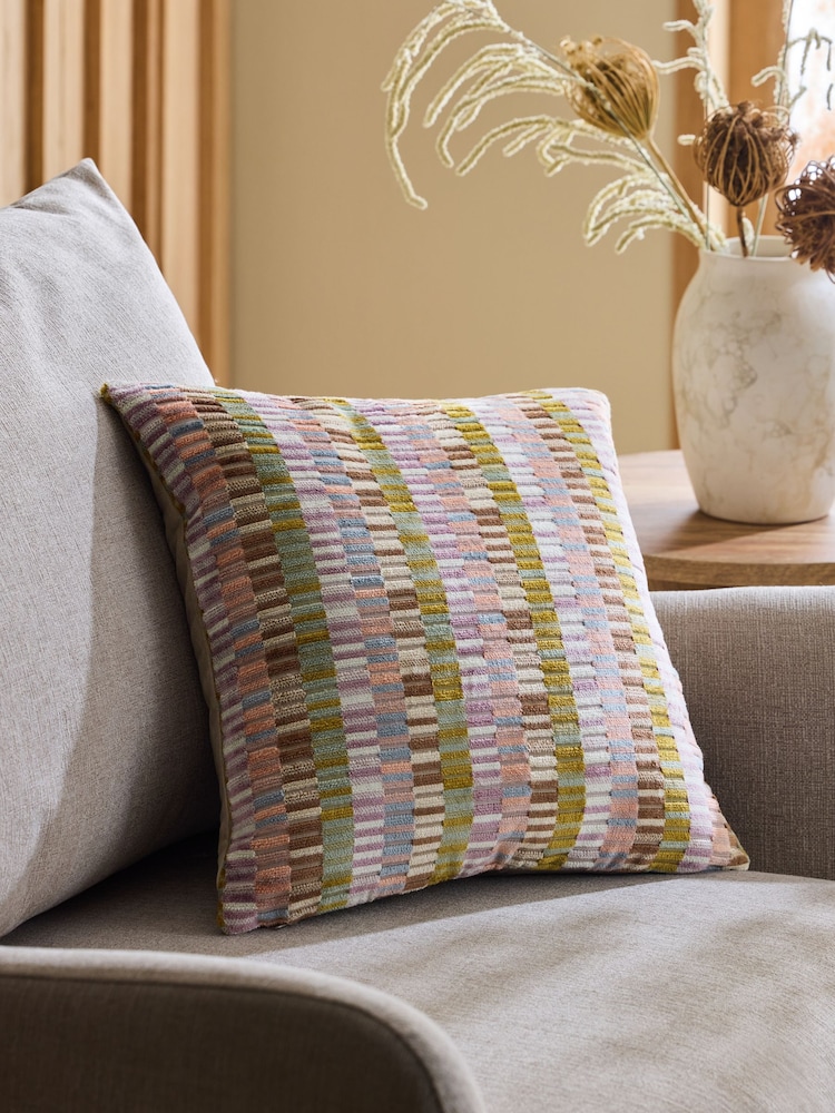 Multi Pastel 43 x 43cm Cut Velvet Rio Blocks Cushion - Image 1 of 2 Multi Pastel 43 x 43cm Cut Velvet Rio Blocks Cushion - Image 1 of 2