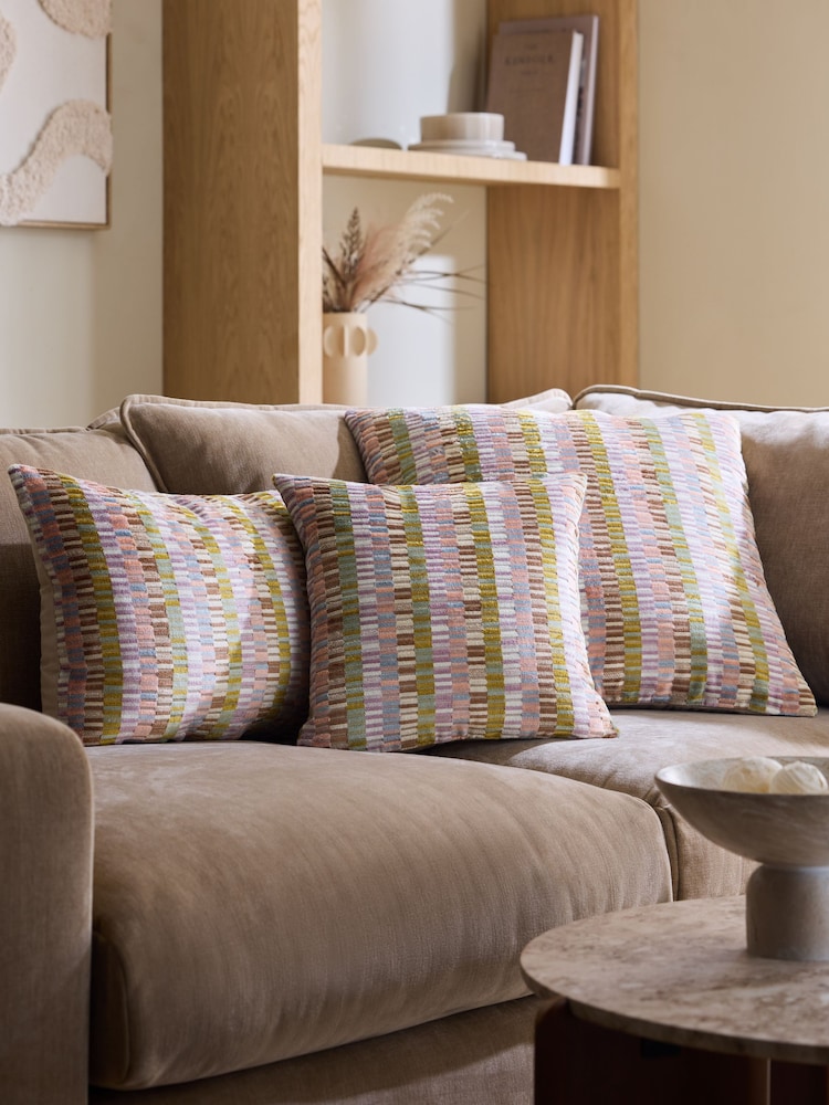 Multi Pastel 43 x 43cm Cut Velvet Rio Blocks Cushion - Image 2 of 2 Multi Pastel 43 x 43cm Cut Velvet Rio Blocks Cushion - Image 2 of 2