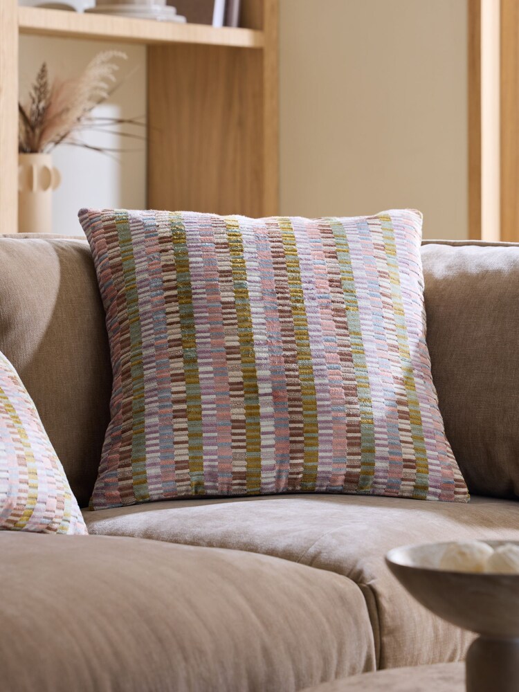 Multi Pastel 59 x 59cm Cut Velvet Rio Blocks Cushion - Image 1 of 3 Multi Pastel 59 x 59cm Cut Velvet Rio Blocks Cushion - Image 1 of 3