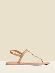 Sosandar Brown Leather Trim Detail Toe Post Flat Sandals - Image 1 of 5