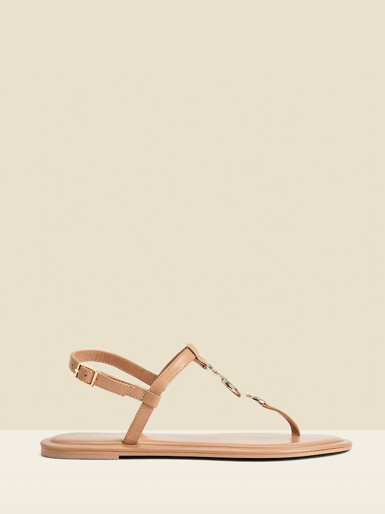 Sosandar Brown Leather Trim Detail Toe Post Flat Sandals - Image 1 of 5