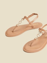 Sosandar Brown Leather Trim Detail Toe Post Flat Sandals - Image 4 of 5