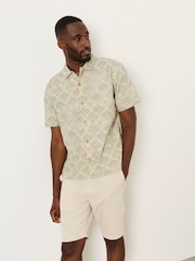 FatFace Green Haze Short Sleeve Relaxed Fit Deco Palm Print Shirt - Image 1 of 6