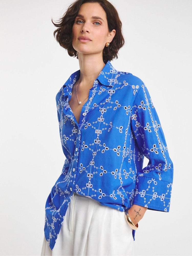 JD Williams Blue Contrast Broderie Shirt - Image 1 of 4