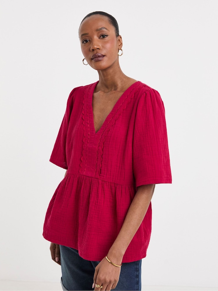 JD Williams Red Cheesecloth V-Neck Short Sleeve Smock Top - Image 1 of 4 JD Williams Red Cheesecloth V-Neck Short Sleeve Smock Top - Image 1 of 4