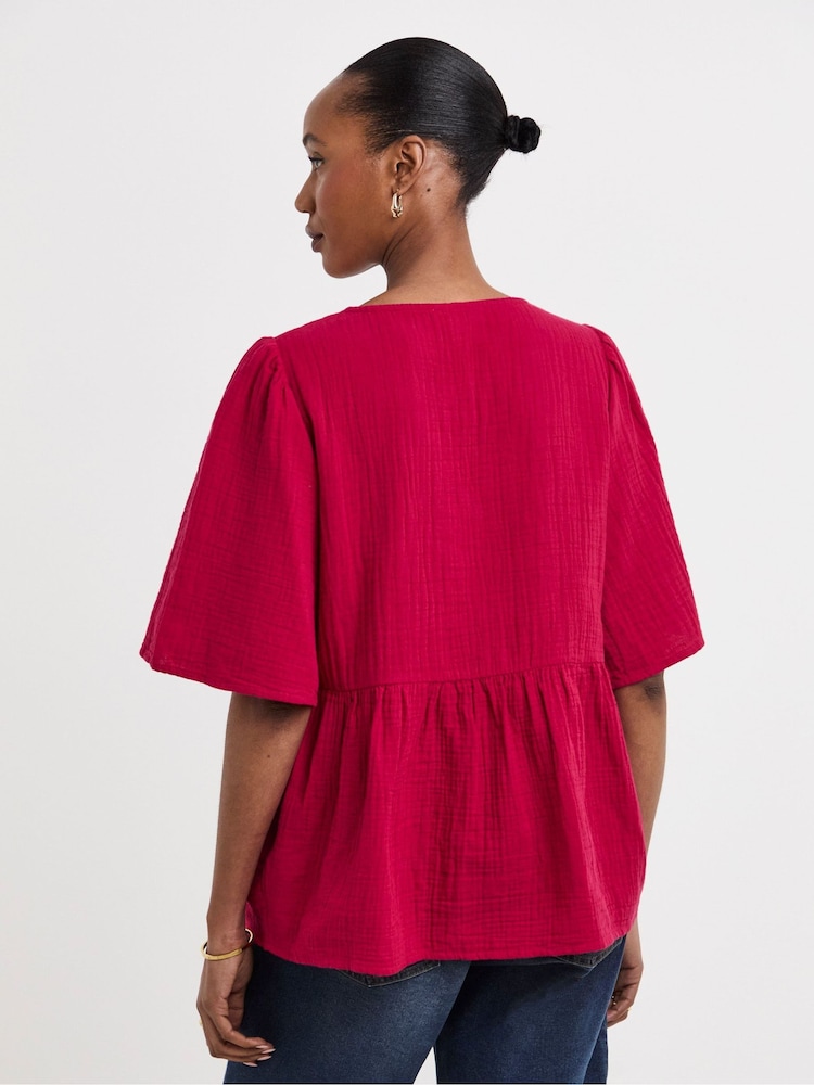 JD Williams Red Cheesecloth V-Neck Short Sleeve Smock Top - Image 2 of 4 JD Williams Red Cheesecloth V-Neck Short Sleeve Smock Top - Image 2 of 4