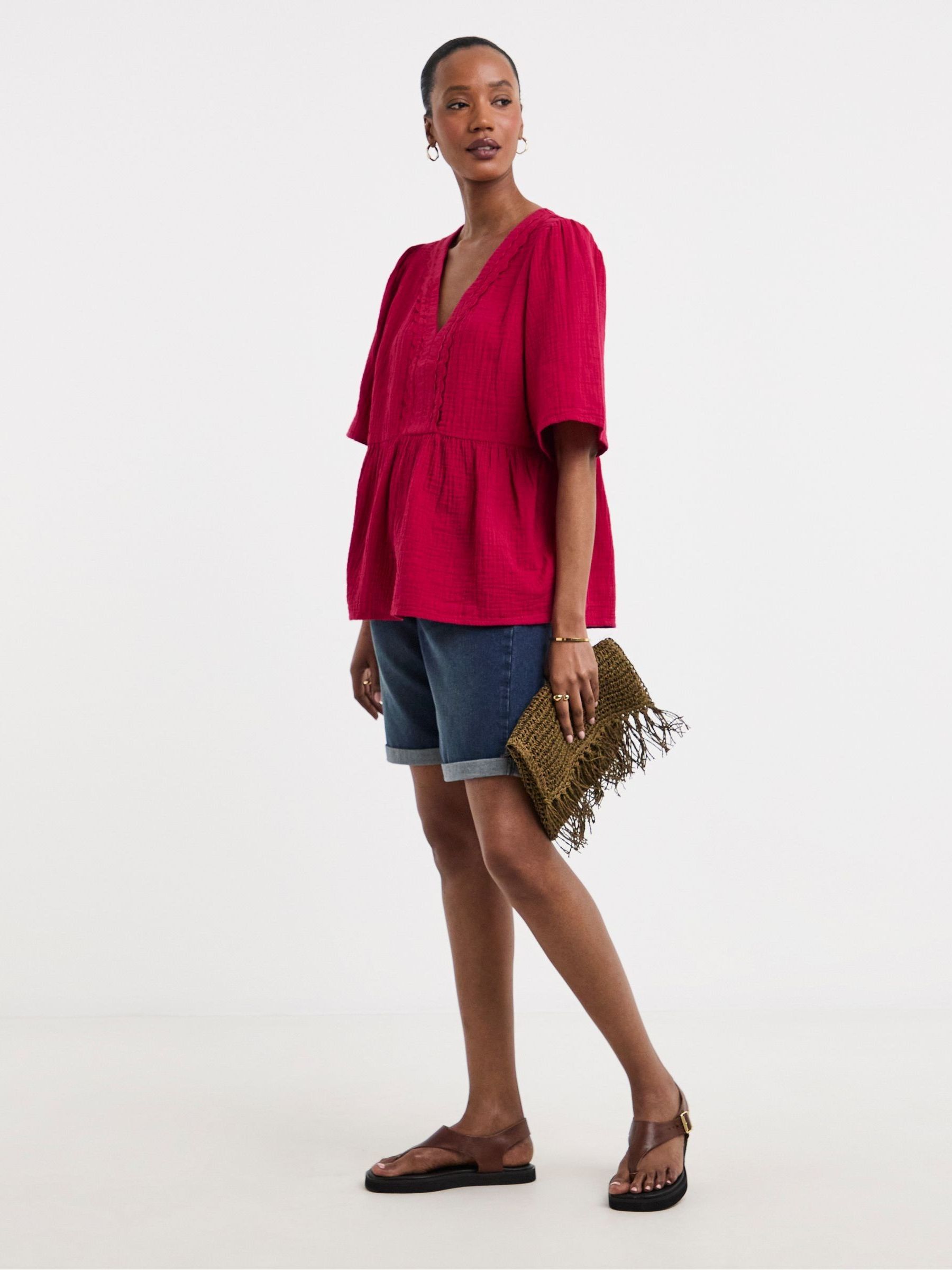 Buy JD Williams Red Cheesecloth V-Neck Short Sleeve Smock Top from
