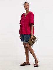 JD Williams Red Cheesecloth V-Neck Short Sleeve Smock Top - Image 3 of 4