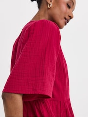 JD Williams Red Cheesecloth V-Neck Short Sleeve Smock Top - Image 4 of 4