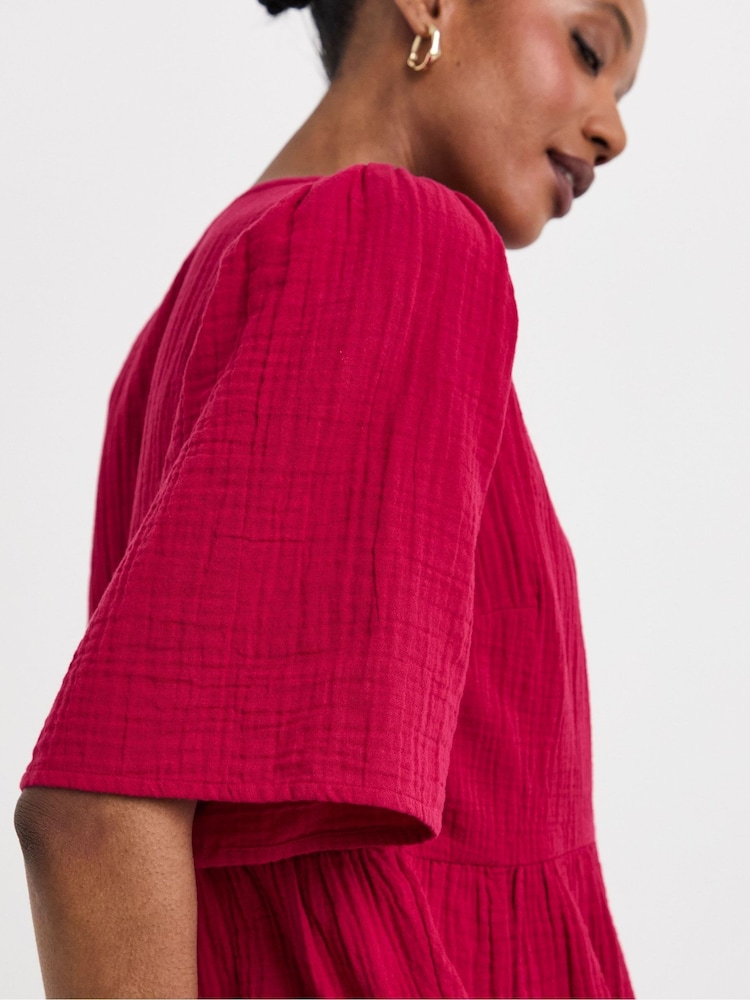 JD Williams Red Cheesecloth V-Neck Short Sleeve Smock Top - Image 4 of 4 JD Williams Red Cheesecloth V-Neck Short Sleeve Smock Top - Image 4 of 4