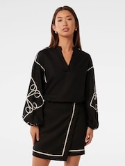Forever New Black Claude Applique Detail Top with A Touch Of Linen - Image 1 of 5