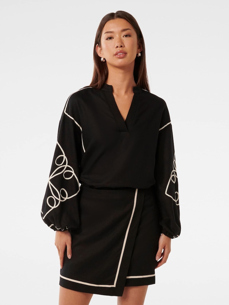 Forever New Black Claude Applique Detail Top with A Touch Of Linen - Image 1 of 5