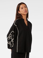 Forever New Black Claude Applique Detail Top with A Touch Of Linen - Image 3 of 5