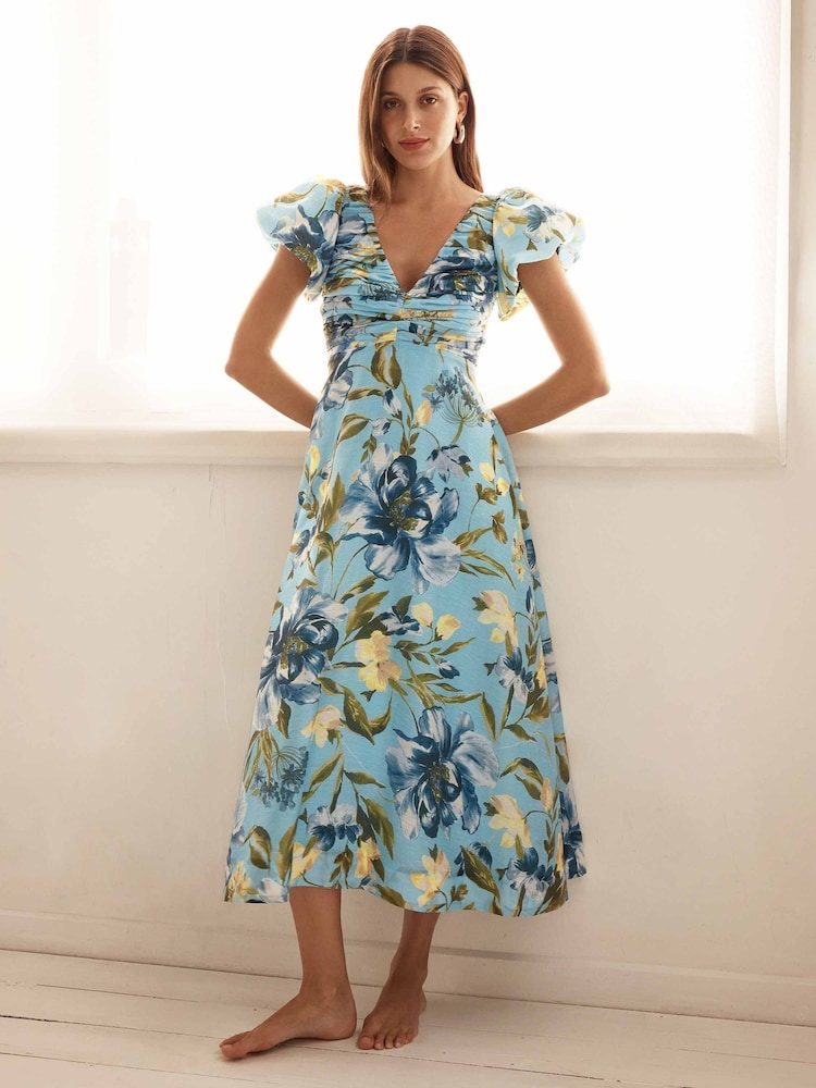 Forever New Blue June Ruched V-Neck Midi Dress with A Touch Of Linen - Image 1 of 4