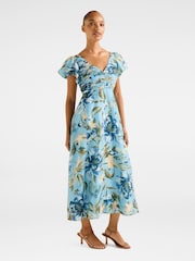 Forever New Blue June Ruched V-Neck Midi Dress with A Touch Of Linen - Image 2 of 4