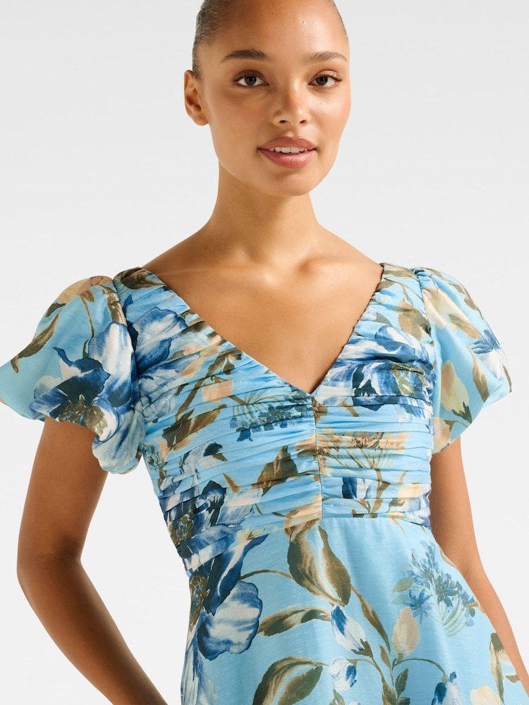Forever New Blue June Ruched V-Neck Midi Dress with A Touch Of Linen - Image 4 of 4