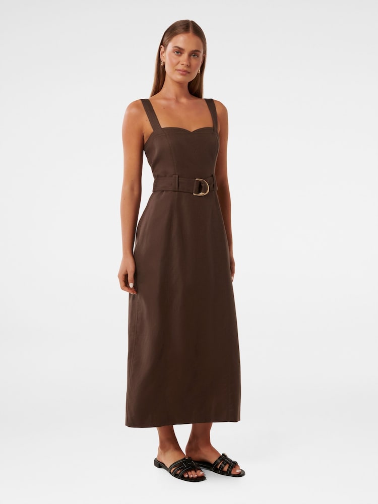Forever New Brown Linen Blend Taylor Top Stitch Column Midi Dress - Image 4 of 4