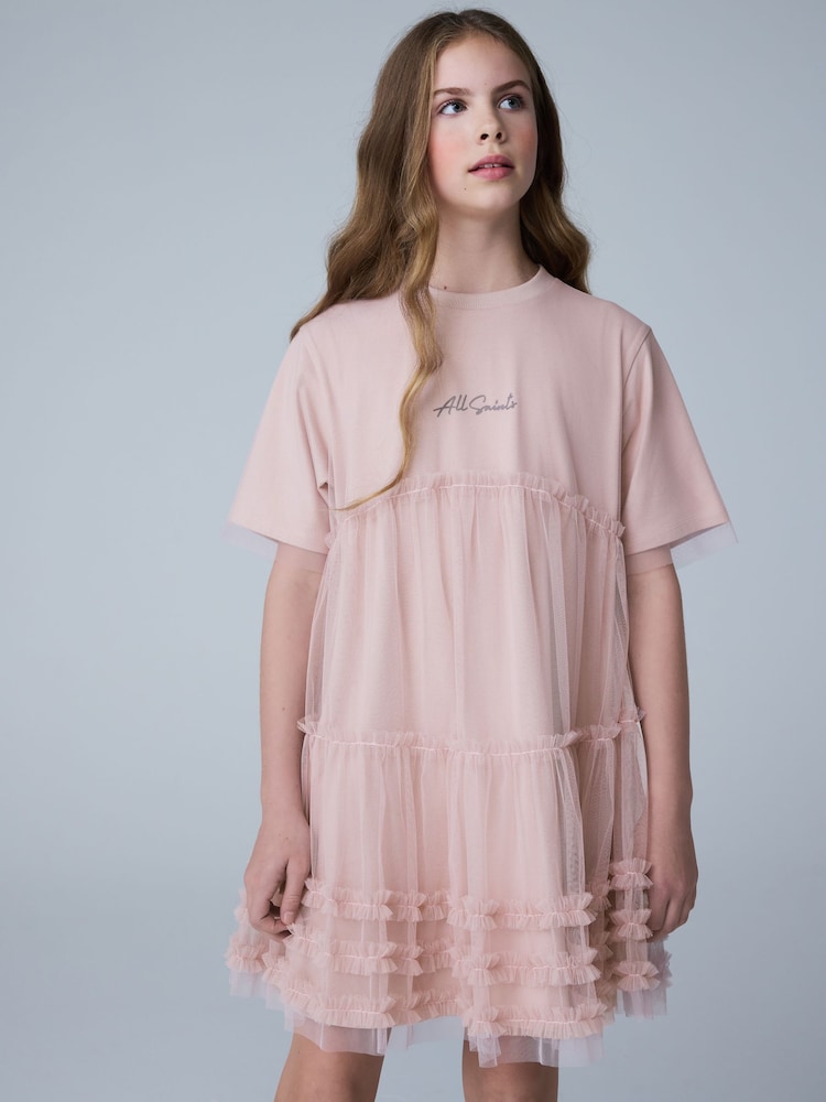 smALLSAINTS Mid Pink Frill Mesh T-Shirt Dress - Image 1 of 10 smALLSAINTS Mid Pink Frill Mesh T-Shirt Dress - Image 1 of 10