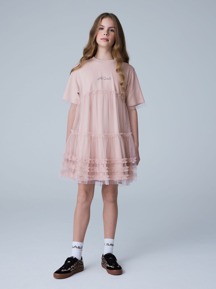 smALLSAINTS Mid Pink Frill Mesh T-Shirt Dress - Image 2 of 10 smALLSAINTS Mid Pink Frill Mesh T-Shirt Dress - Image 2 of 10