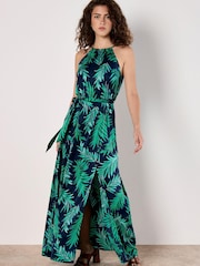 Apricot Blue Block Leaf Rope Tie Maxi Dress - Image 1 of 5