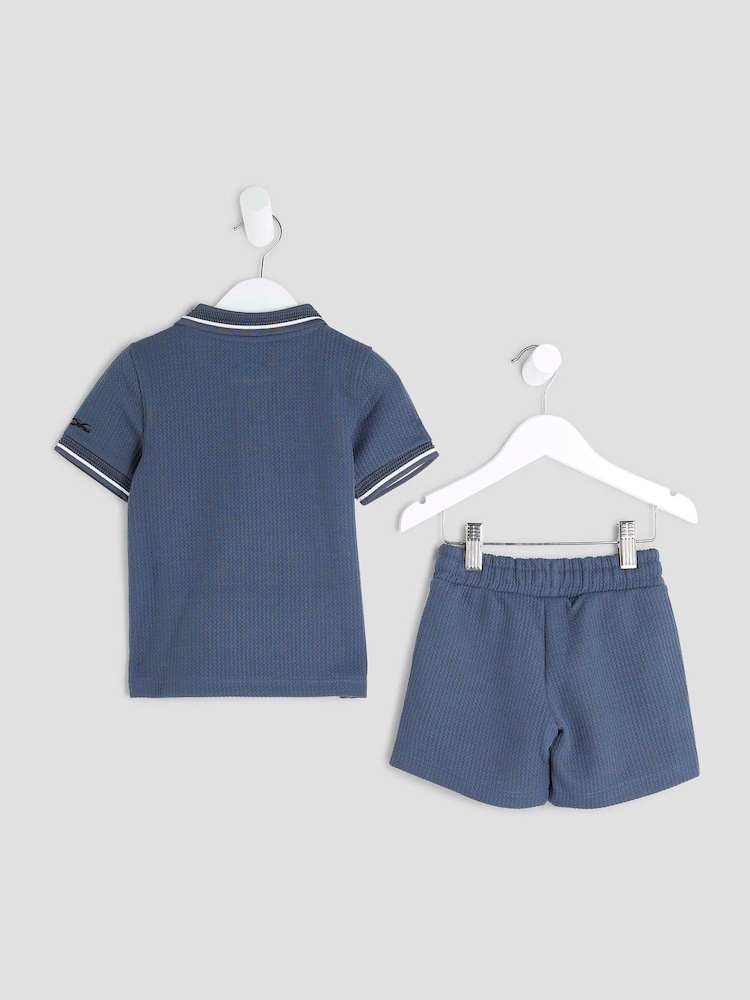 River Island Blue Boys Textured Stripe Polo Set - Image 2 of 4