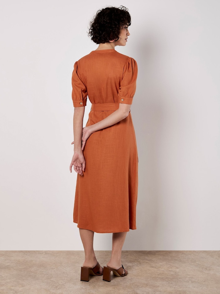 Apricot Orange Grandad Collar Lin Mix Midi Dress - Image 2 of 4