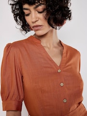 Apricot Orange Grandad Collar Lin Mix Midi Dress - Image 3 of 4