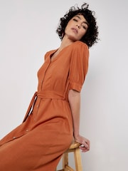 Apricot Orange Grandad Collar Lin Mix Midi Dress - Image 4 of 4