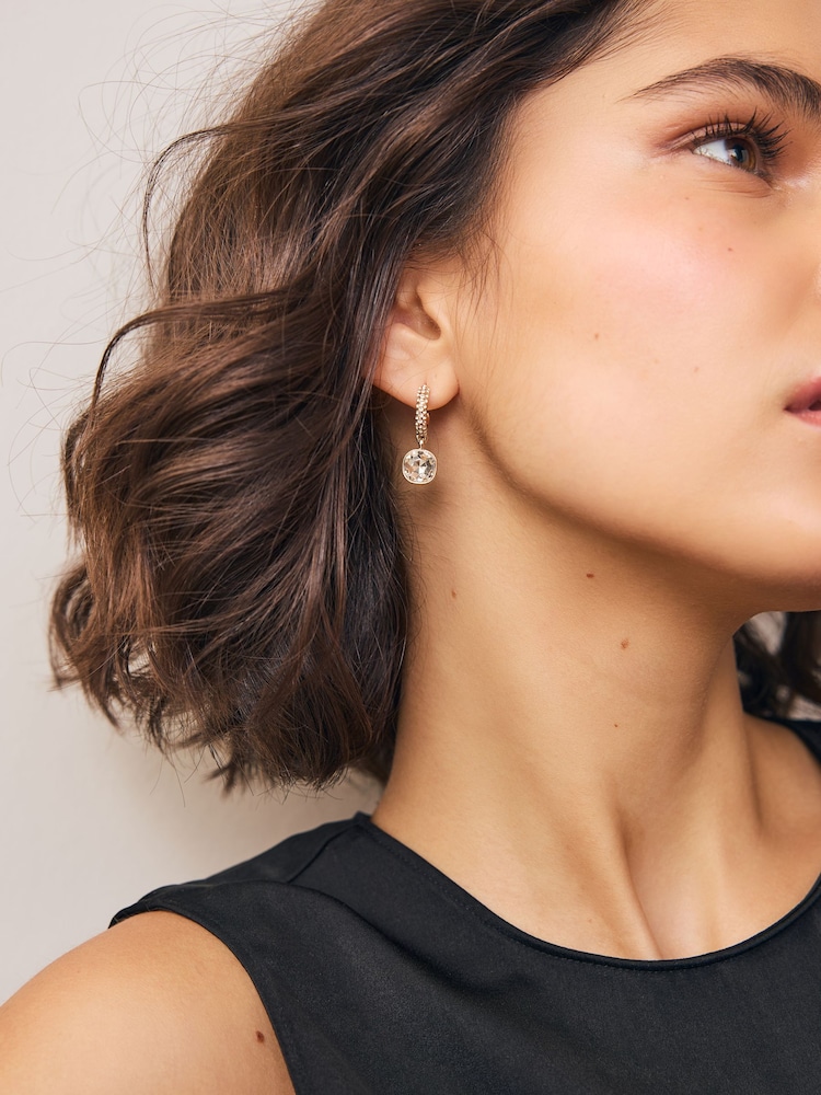 Gold Tone Square Stone Drop Pavé Hoop Earrings - Image 1 of 2
