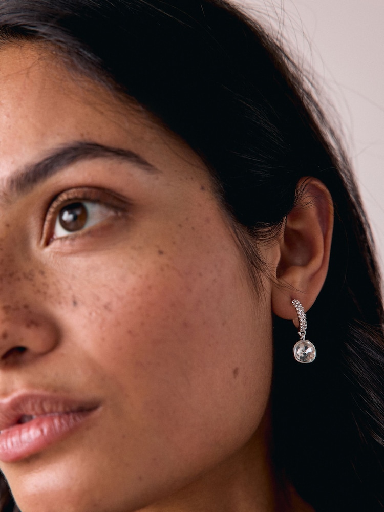 Silver Tone Square Stone Drop Pavé Hoop Earrings - Image 1 of 3