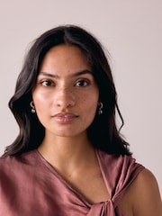 Silver Tone Square Stone Drop Pavé Hoop Earrings - Image 2 of 3