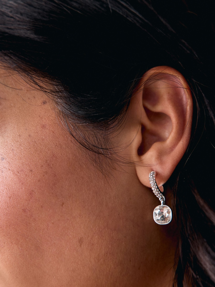 Silver Tone Square Stone Drop Pavé Hoop Earrings - Image 3 of 3