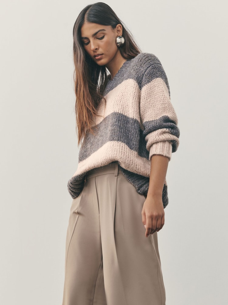 Nothing Ordinary Grey/Stone Knitted Shallow V-Neck Jumper - Image 1 of 8 Nothing Ordinary Grey/Stone Knitted Shallow V-Neck Jumper - Image 1 of 8