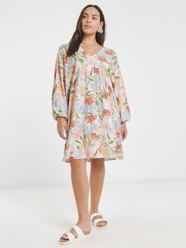 Simply Be Pink Printed Linen Smock Dess - Image 1 of 4